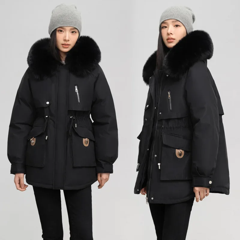 Parka de veludo espessa para mulheres, comprimento médio, colarinho de pele grande, jaqueta de algodão justa, novo estilo, 2024