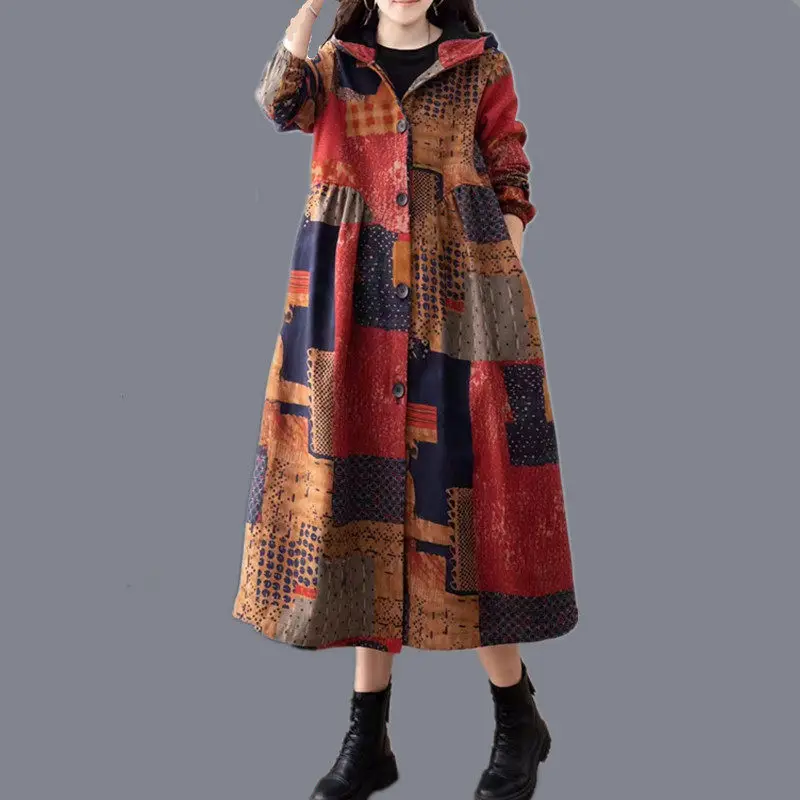 2022 New Plush Hooded Cotton And Linen Windbreaker Women\'s Autumn Winter Jacket Thickened Medium Long Floral Coat Overcoat T1543