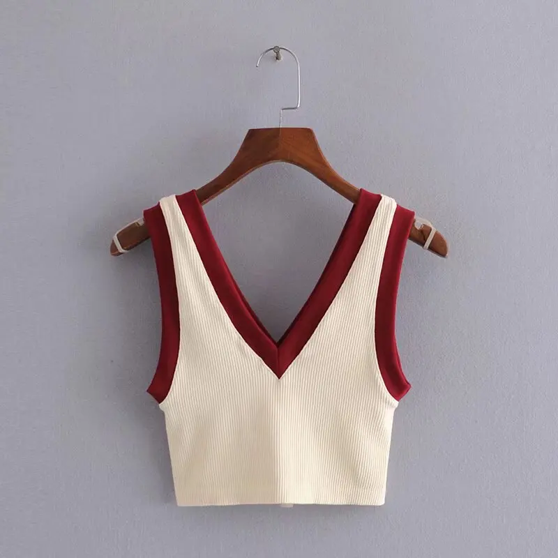 Women's new fashion elastic slim short contrasting ribbed knitted top retro sleeveless double V-neck women's vest chic top