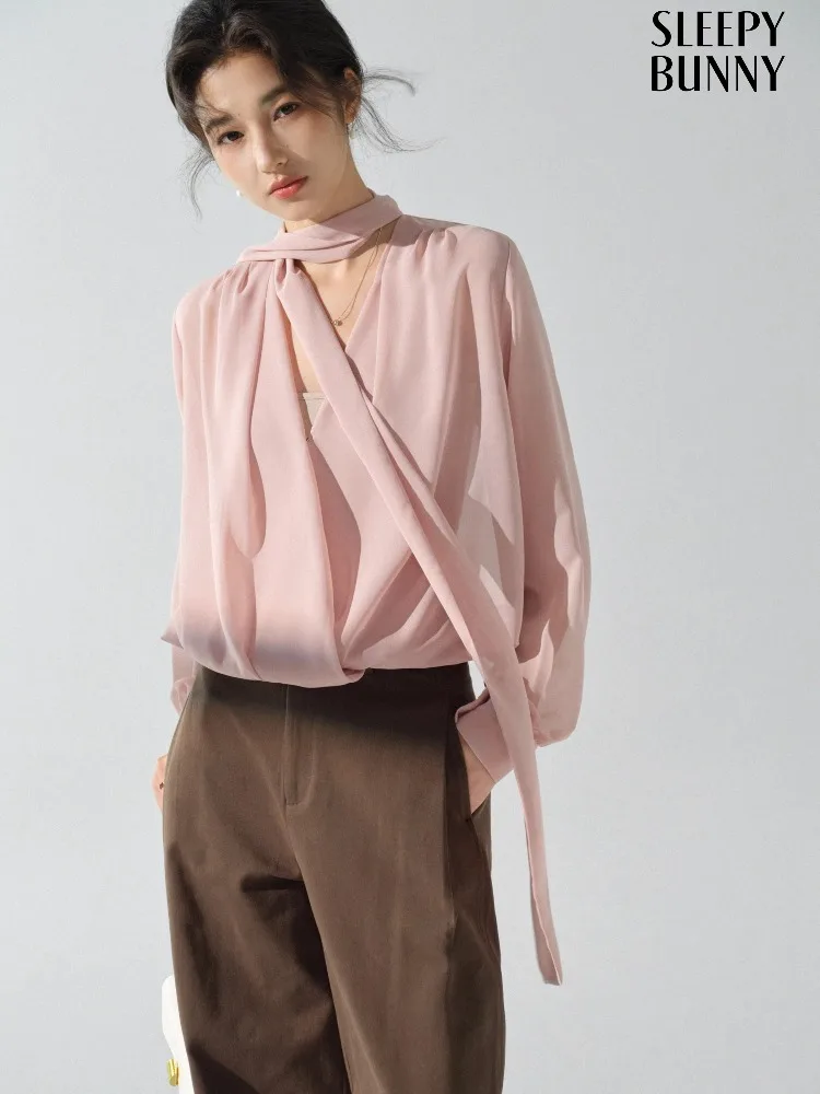 

Elegant Chiffon Blouse Women Long Sleeve Bow Tie Neck Shirt Loose Fit Office Tops Professional Workwear Casual Feminine Fashion