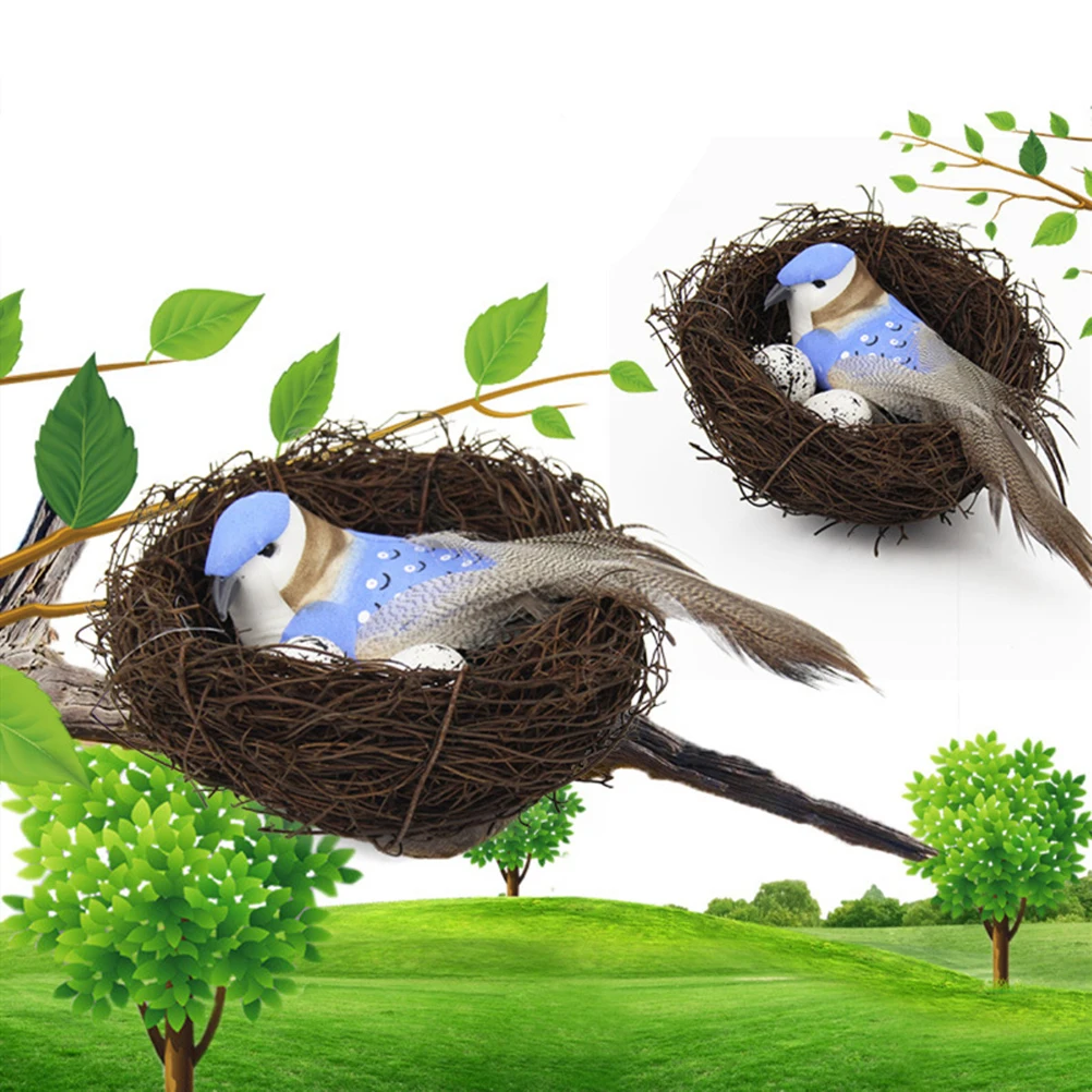 

2Pcs Bird Nest Decor Straw Woven Handmade Artificial Bird Nest Ornament Decorative Birds Eggs for Home Party Floral Arrangement