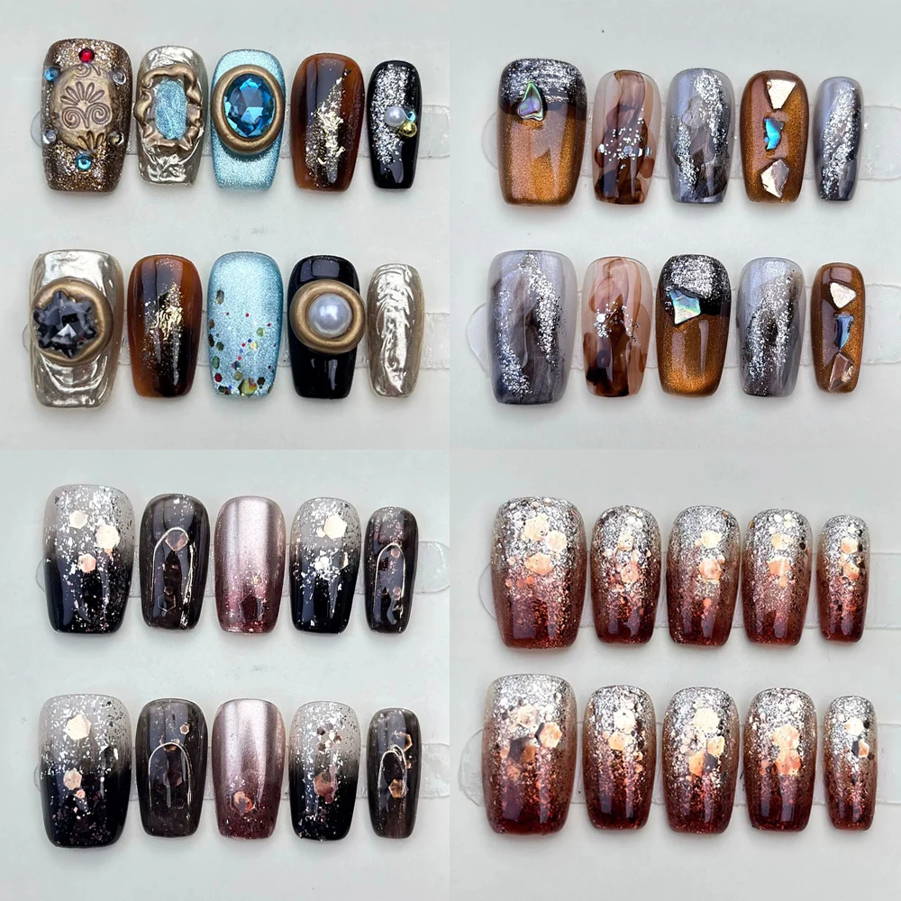 

Light Luxury Handmade Short Square Reusable Press On Nails Glitter Powder Sequins Cat Eyes Pearl Diamond Nails Party Sticker