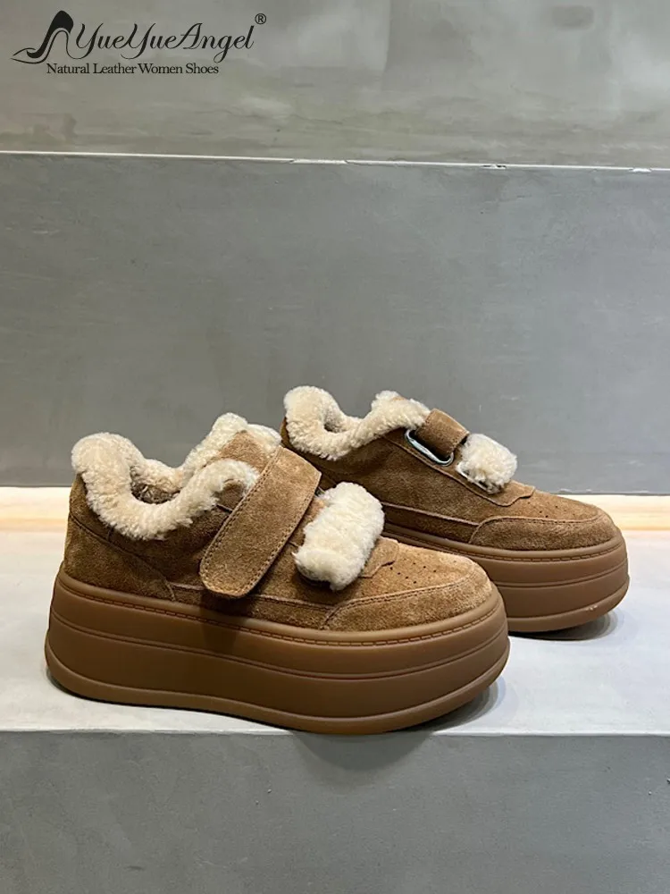 Winter Keep Warm Fleece Ladies Hook Loop Cow Suede Leather Thick Platform Pumps Round Toe Handmade Heels Height Increase Shoes