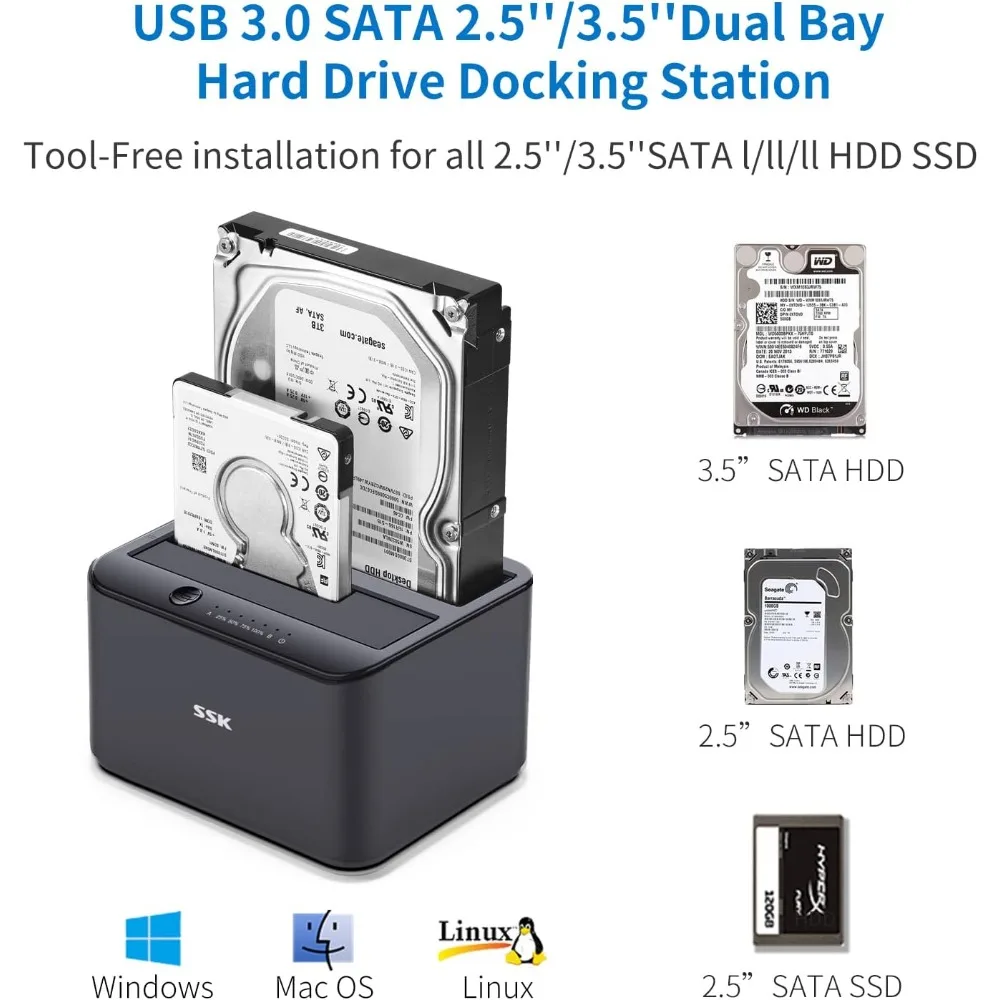 Imagem -02 - Hard Drive Docking Station com Uasp Clone Offline Dock Hdd Externo Usb 3.0 para Sata Dual Bay 2.5 e 3.5 Ssk