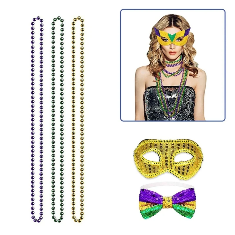 Mardi Gras Costume Set with JazzHat Bead Necklace Bowtie LasVegas FatTuesday Decorations Carnival Party Props Supplies M6CD