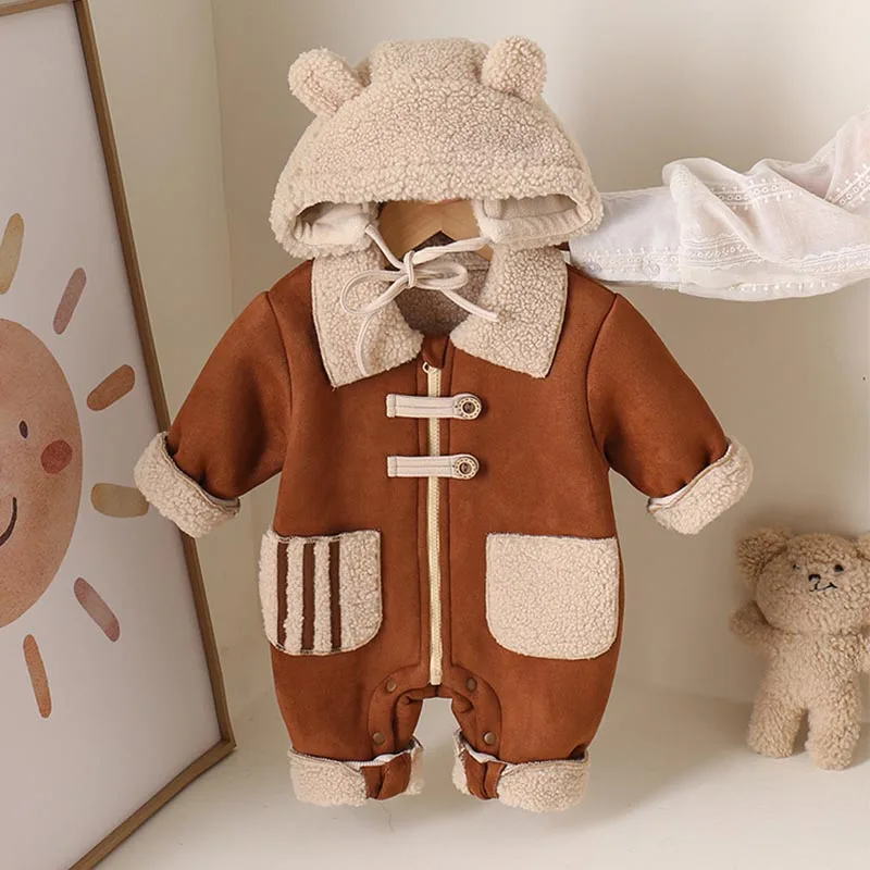 Baby Onesie Winter Thick Romper Cotton Warm Long Sleeve Boy Girl Jumpsuit Clothes 0-24M Newborn Bear Fleece Hooded Pyjamas