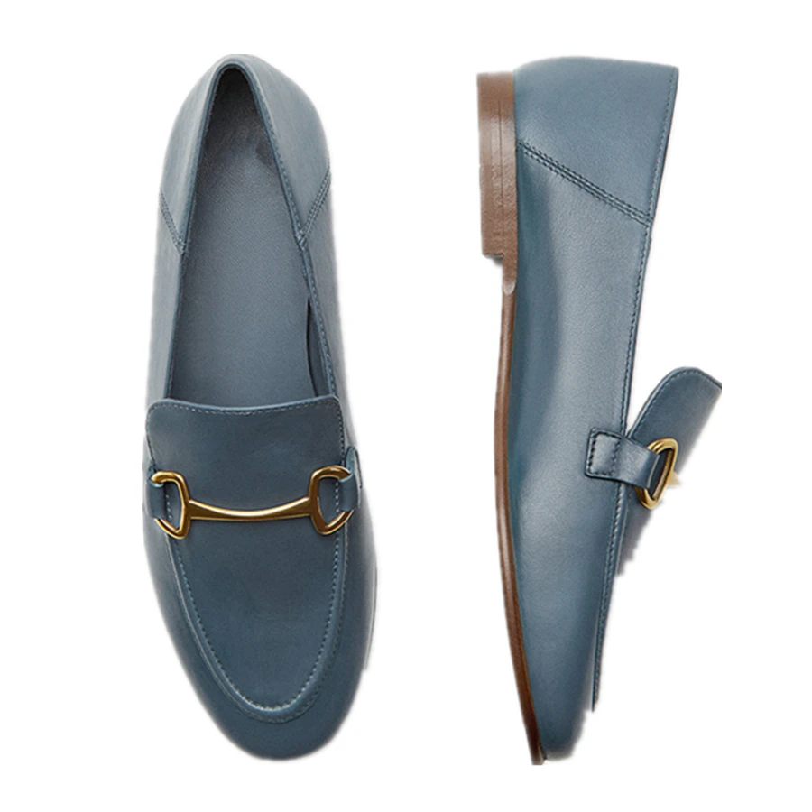 Dave&Di French Elegant Office Lady Fashion Simple Soft Shoes Women Genuine Leather Gold Buckle Flat Shoes Slip-On Loafers Shoes