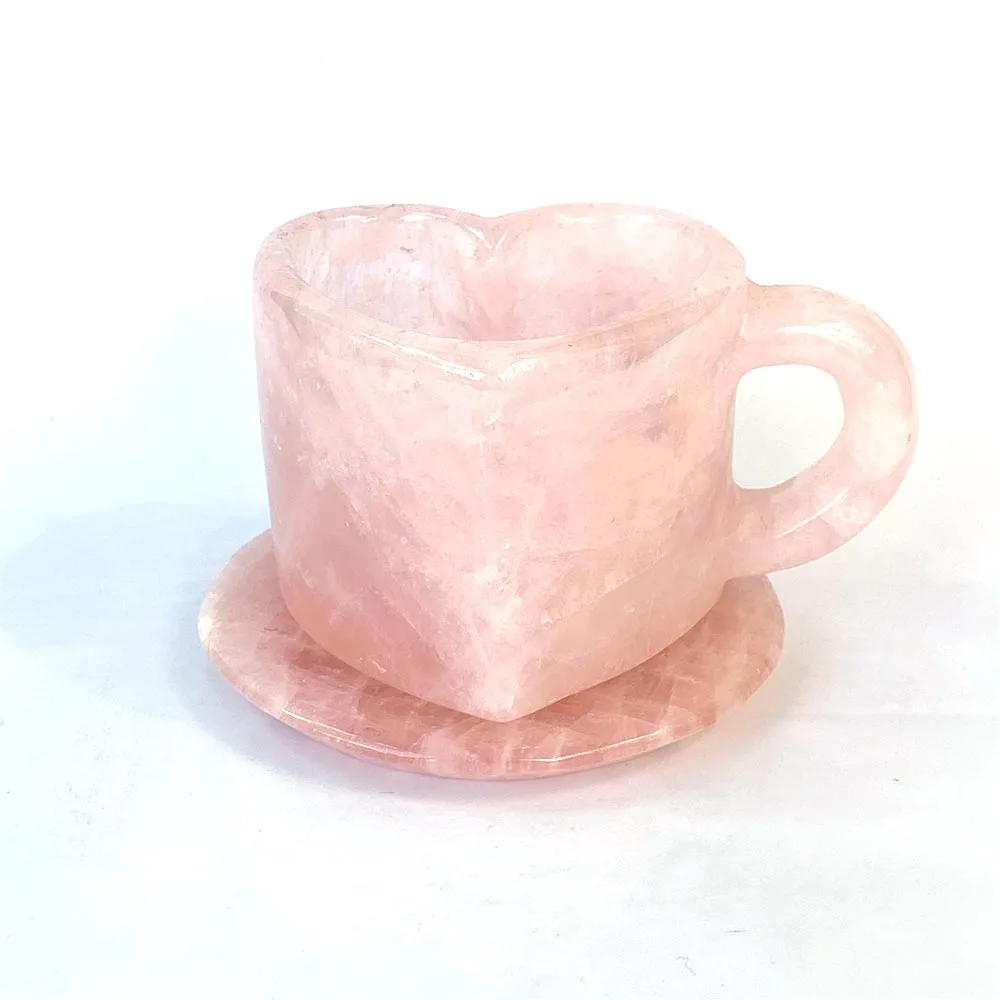 Rose Quartz Crystal Cup Heart Shape Gemstone Mug Handmade Stone Tea Coffee Cup Home Decor