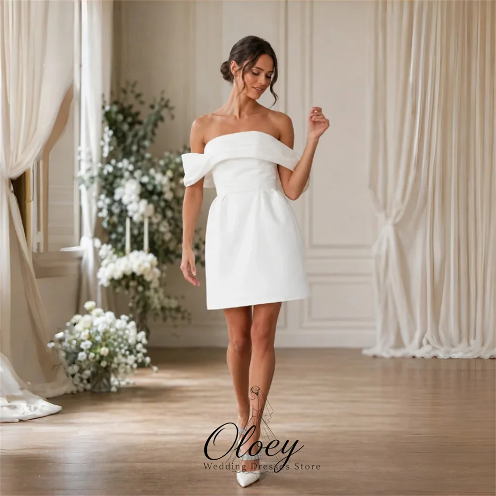 OLOEY Elegant Off The Shoulder Satin Wedding Dresses For Woman Customized A-Line Mini Bridal Gown Lawn Wedding Party Dress