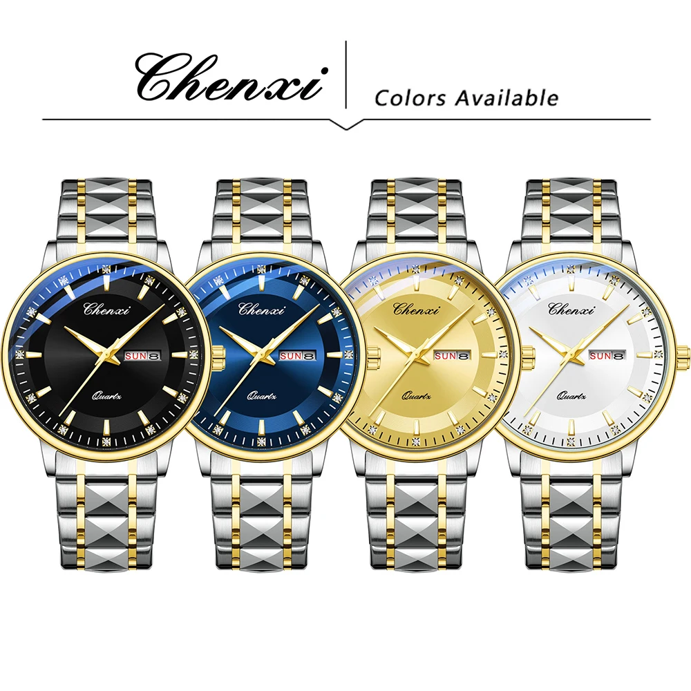 패션 비즈니스 남자 손목 시계 CHENXI 라운드 다이얼 달력 주 표시 쿼츠 시계 남자를위한 빛나는 방수 시계