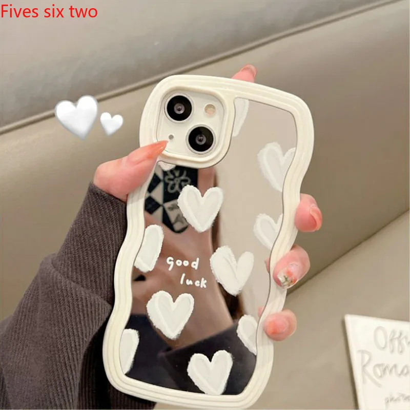 Lovely Case White Heart Makeup Mirror Korean Case For Apple iPhone 15 Pro Max 14Plus 13 12 11 XS X XR Soft Cover Bracelets Chain