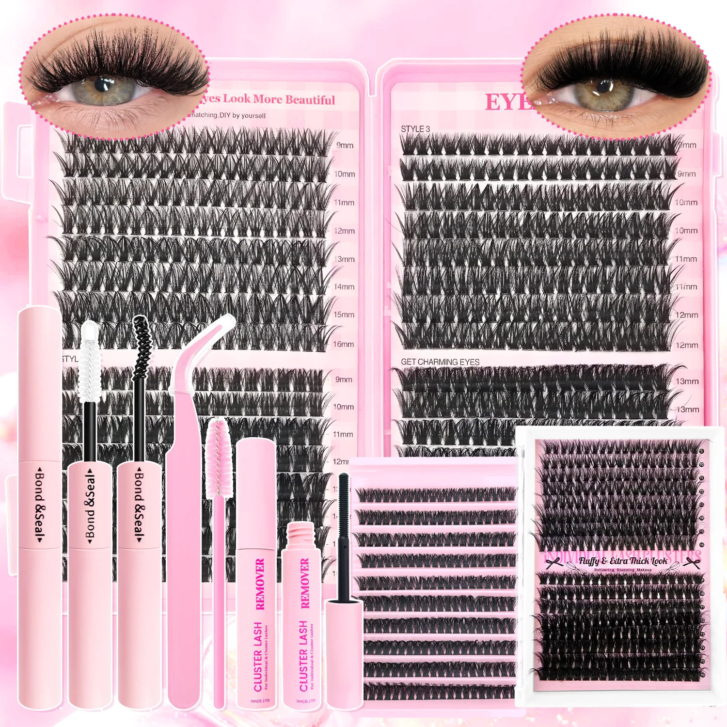 DIY Eyelash Extension Kit 640/320/200pcs Clusters 9-16mm Lengths 60D 80D 100D Includes Cluster Lash Bond Seal Remover Applicator