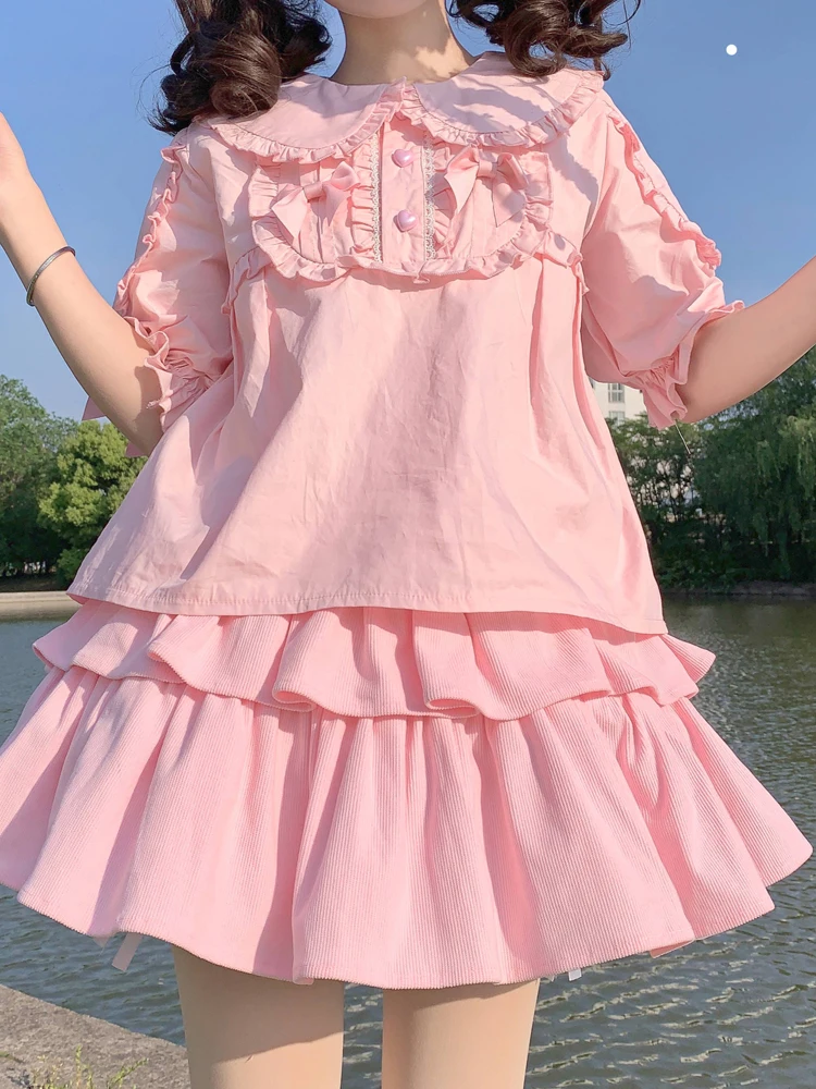 KIMOKOKM Japanese Sweet Pullover Shirt Peter Pan Collar Bear Ear Ruffled Kawaii Puff Sleeve Basic Lolita Girly Blouses Shirt