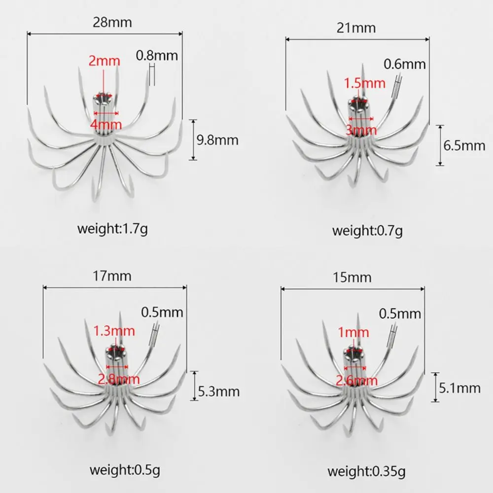 10 Uds. Ganchos de señuelo de calamar y pulpo de acero inoxidable, gancho de remolque de sepia multigarra plateada, gancho DIY para paraguas