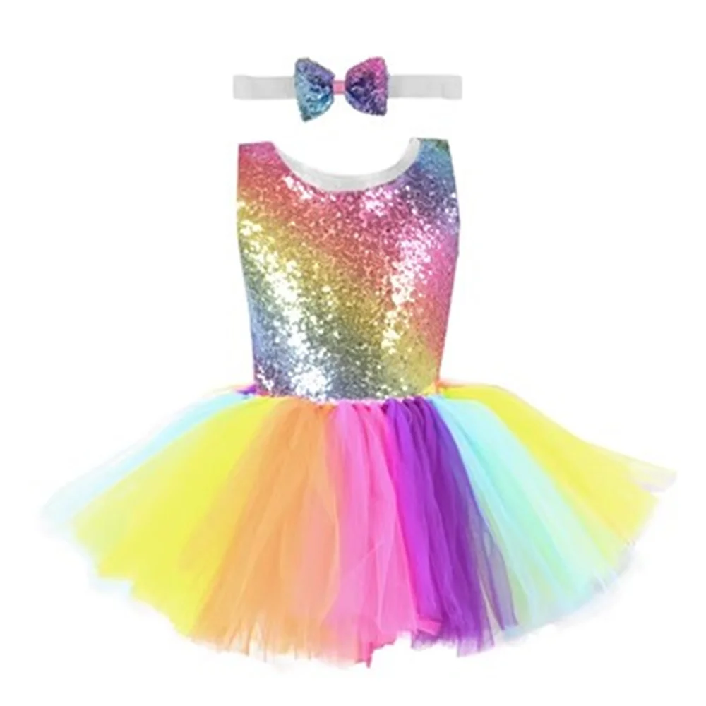 Kids Cosplay Pastel Rainbow Sequins Dress Baby Girl Birthday Party Princess Costume Children Summer Tutu Dress 2-10T Clothes