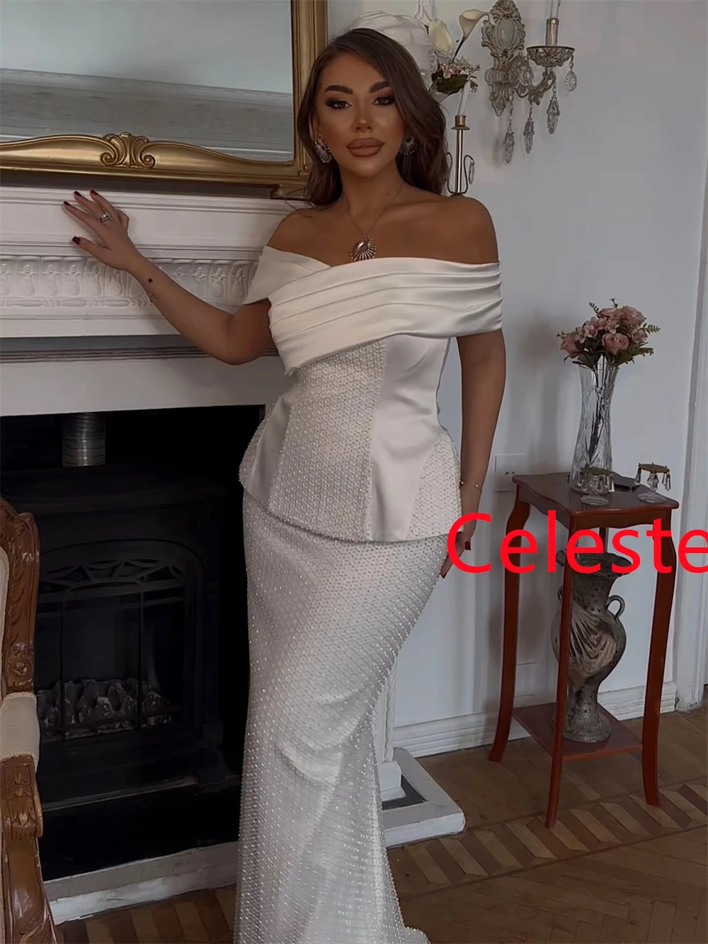 

Customized Sparkly White Satin Evening Dresses Fashion Off the Shoulder Homecoming Dresses Exquisite Special Occasion Gowns