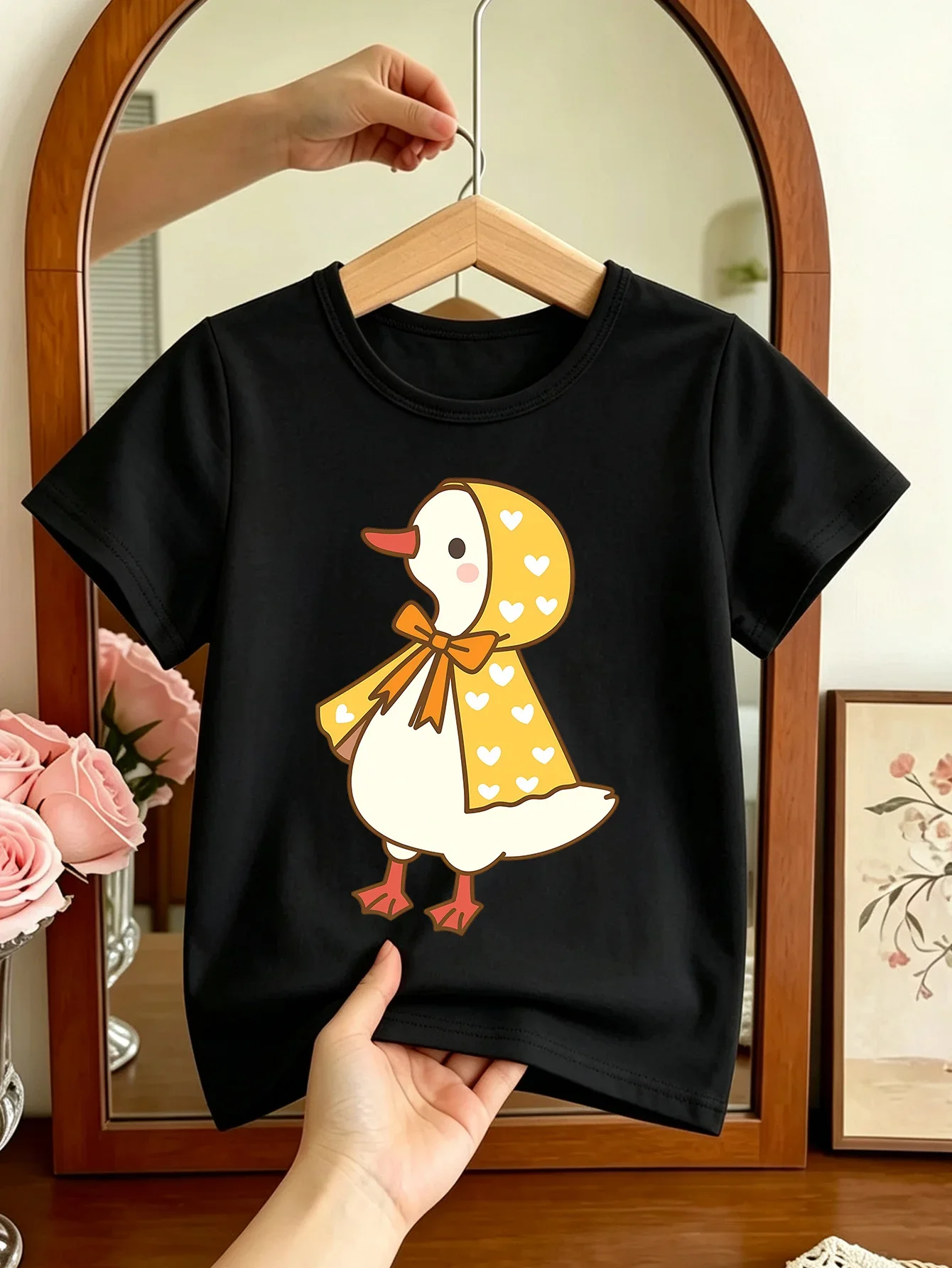 Adorable White Duck Yellow Heart Hood Cape Orange Bow Graphic Children Tee Crew Neck Short Sleeve Casual Daily Kids Top