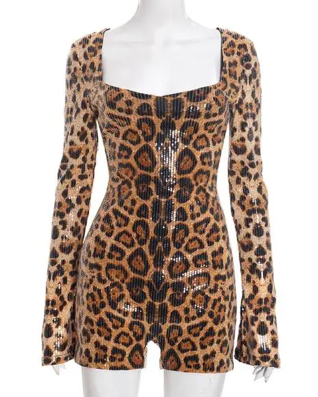 

2026 Новый модный повседневный элегантный сексуальный осенний комбинезон из трех частей с квадратным воротником на талии и леопардовым принтом, с блестками и рогами, с длинными рукавами