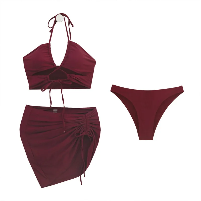 Nieuwe 3 Stuks Set Badpak Vrouwen Wijn Rode Badmode Sexy String Bikini Met Sarong Mini Rokjes \ Cover Up Strand Badpak Zwembad