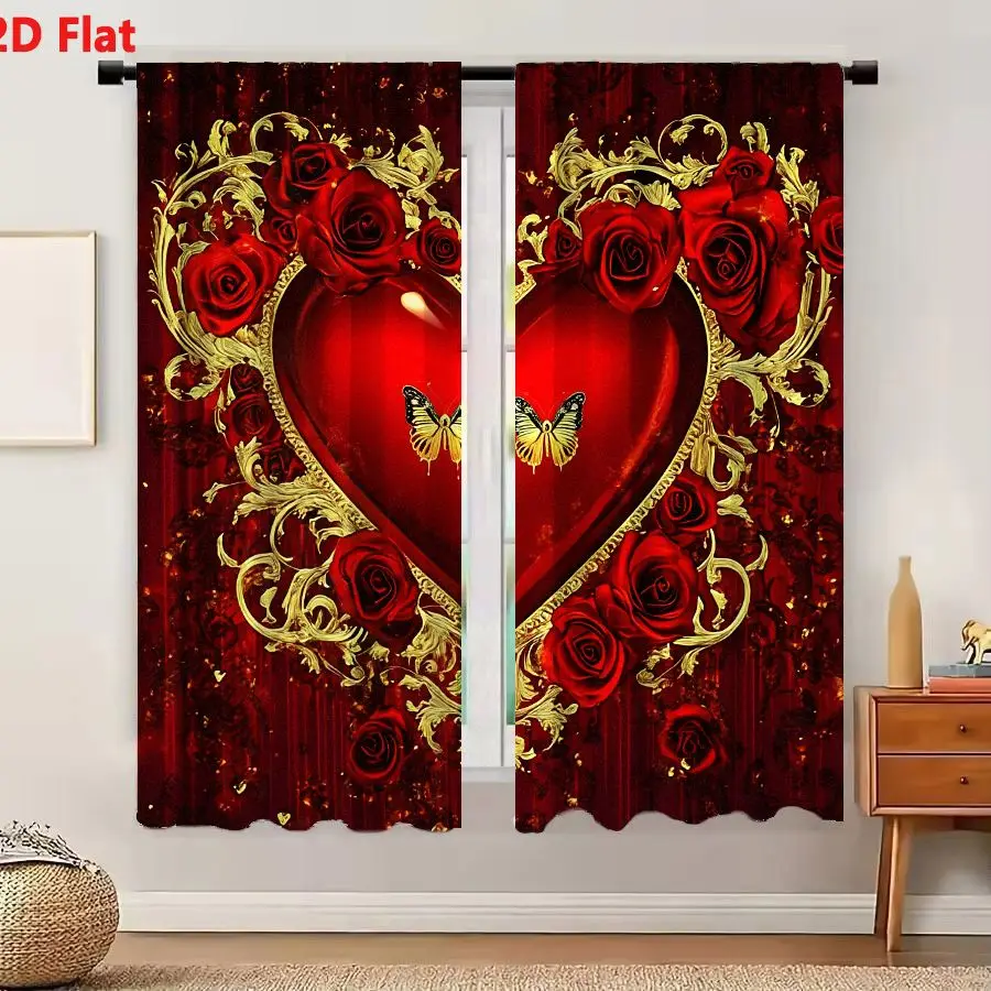 2Pcs Curtains Add 2D Flat Romantic Red Heart With Roses And Butterflies In Ornate Gold Baroque Frame Window Drapes for Bedroom R