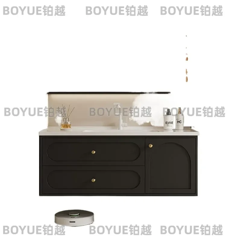 French Style Cream Bathroom Vanity Cabinet with Integrated Ceramic Basin Modern Wall Mounted Washbasin Unit for Toilet Area