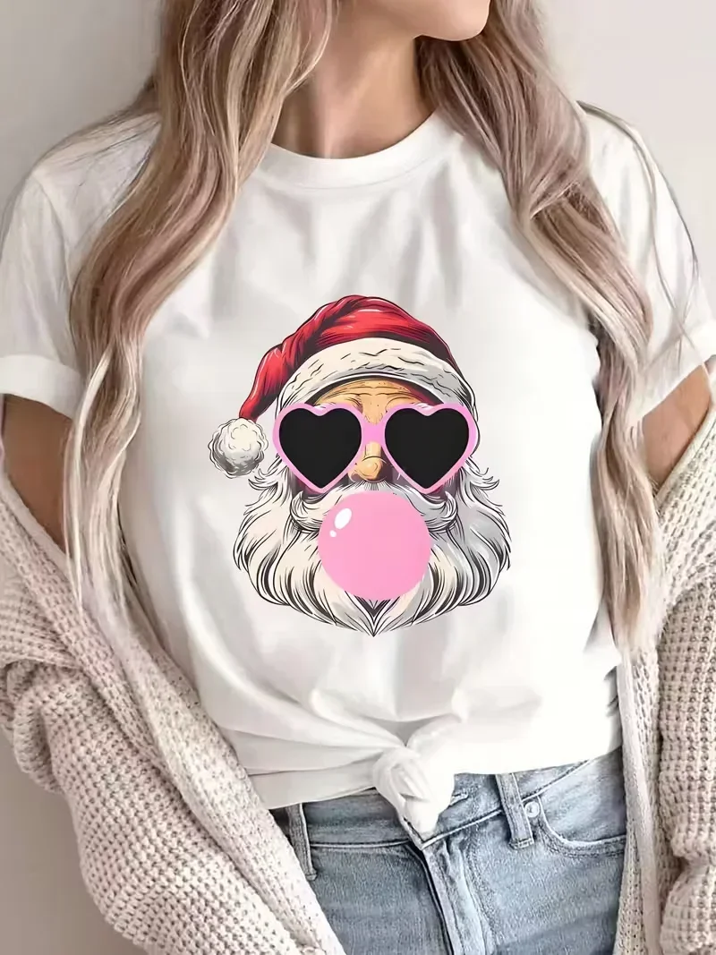 Women's  Christmas Christmas Santa Blowing Pink Bubble Gum T Shirt Streetwear Unisex Style Oversized  Men's Tops Cheap Tees