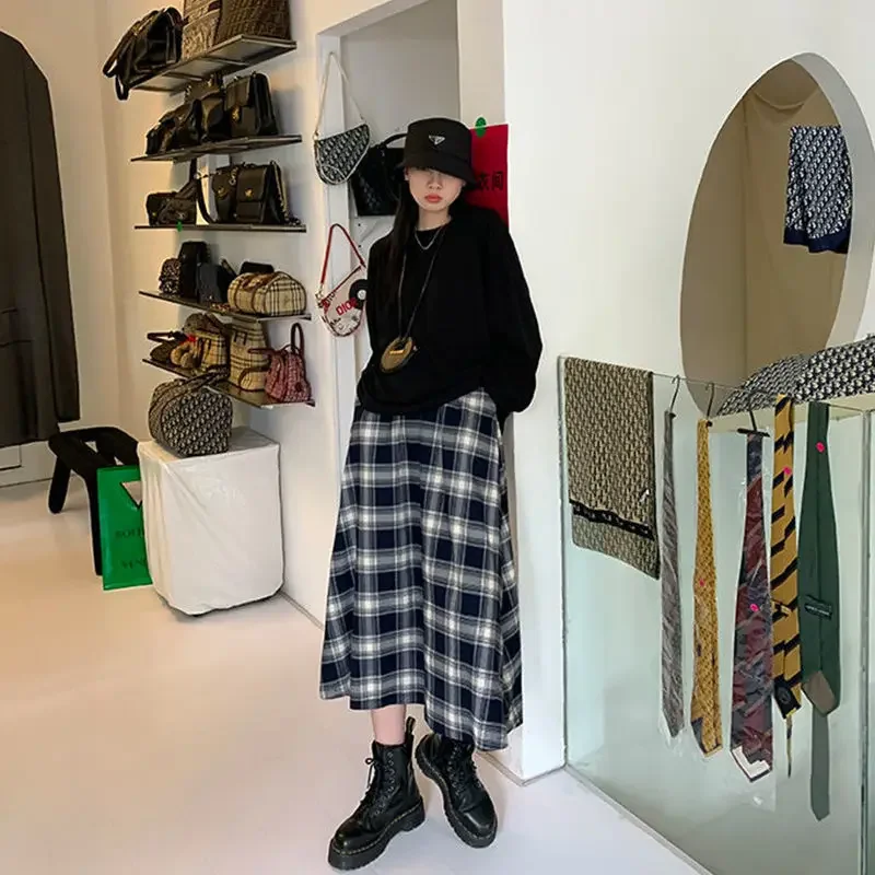 

Skirts Women Vintage Spring Minimalist Empire Ladies Plaid Harajuku All-match Baggy Mujer De Faldas Street Style Leisure Chic