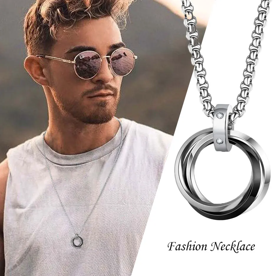 Casual Simple Interlocked 3 Circle Necklace for Men Women Chain Round Circle Pendant Stainless Steel Hippie Neck Collar Jewelry