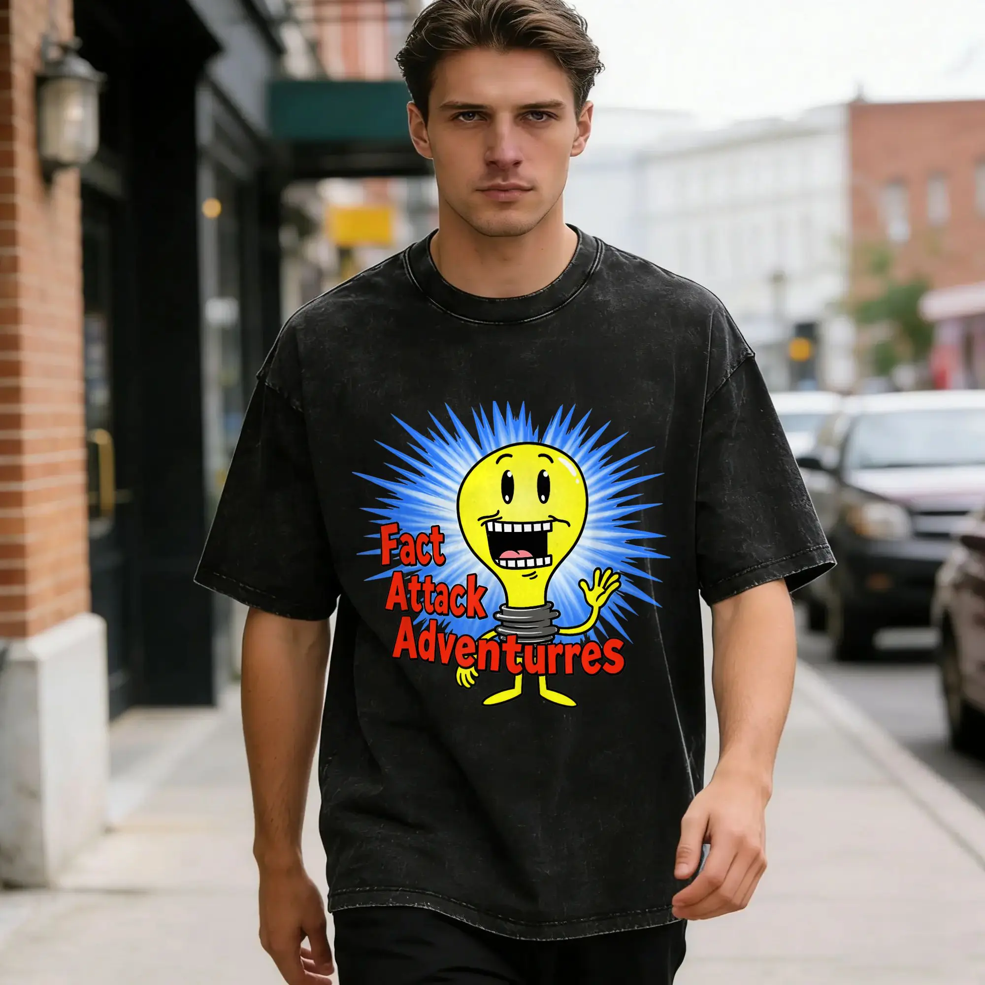 Funny Light Bulb Fact Attack Adventures  T-Shirt Men O Neck Pure Cotton Washed T Shirt  Short Sleeve Tees Original Clothes