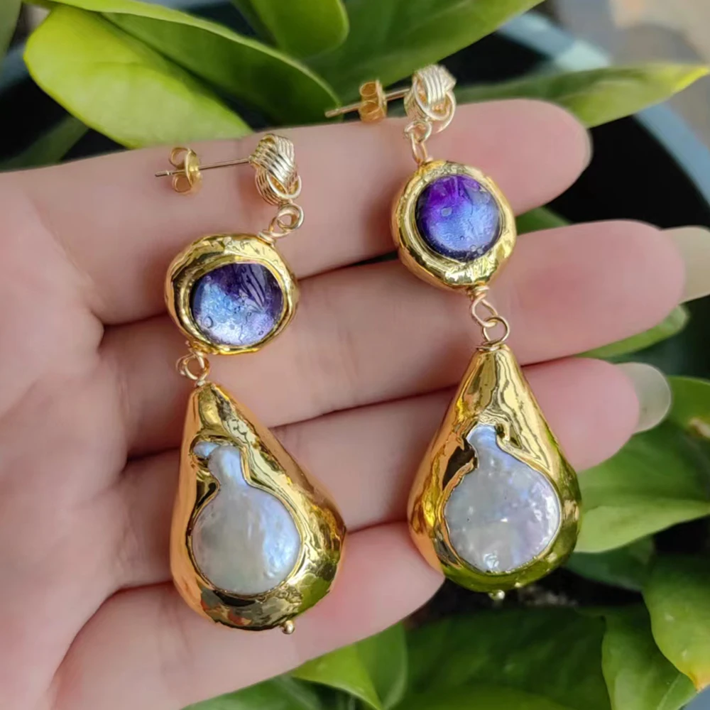 

GG Cultured White Keshi Coin Pearl Purple Murano Glass Dangle Gold Plated Hook Earrings