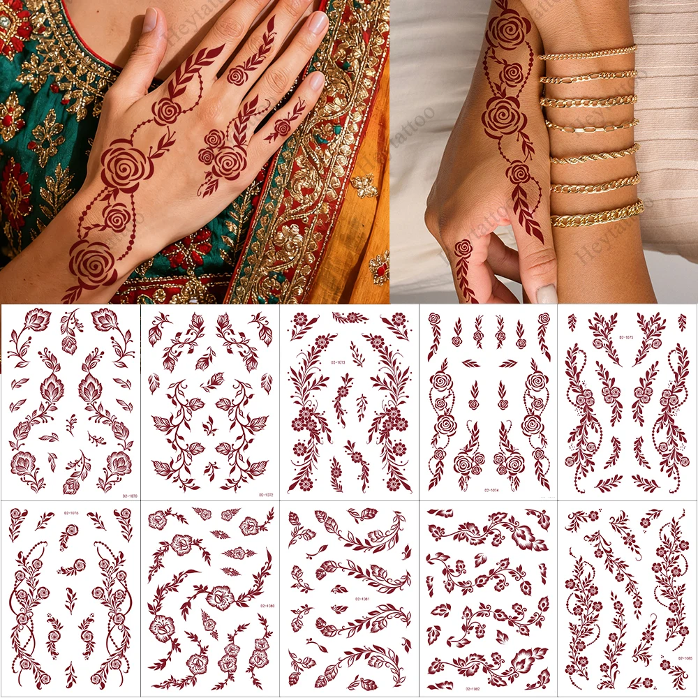 1pc Disposable Henna Hand Tattoo for Women Brown Henna Tattoo Stickers for Hand Fingers Mehndi Tattoo Flower Fake Tattoo