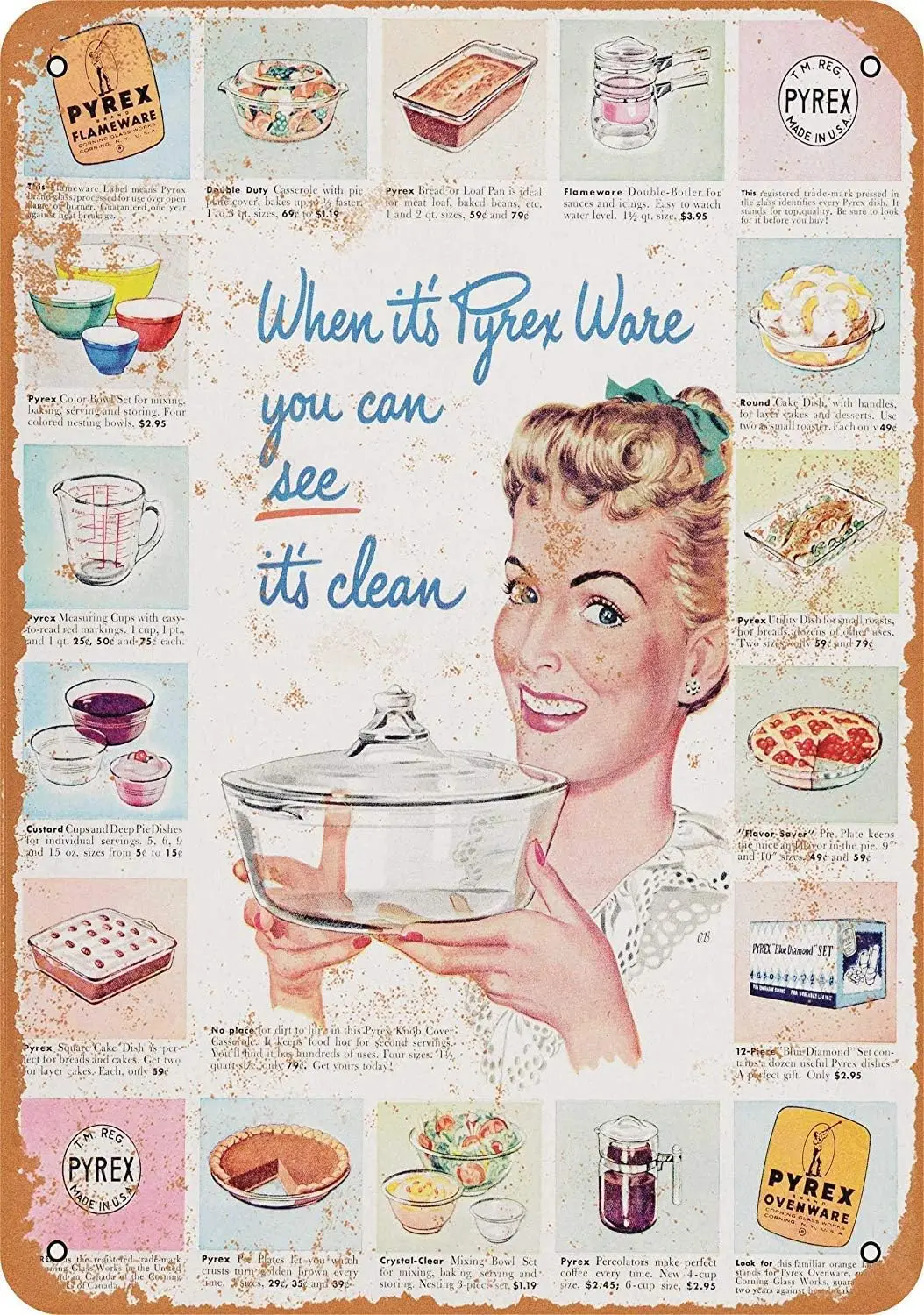 Tin Sign 1948 Pyrex Ware Kitchen Glassware - Vintage Metal Sign 8 x 12 Inches sign