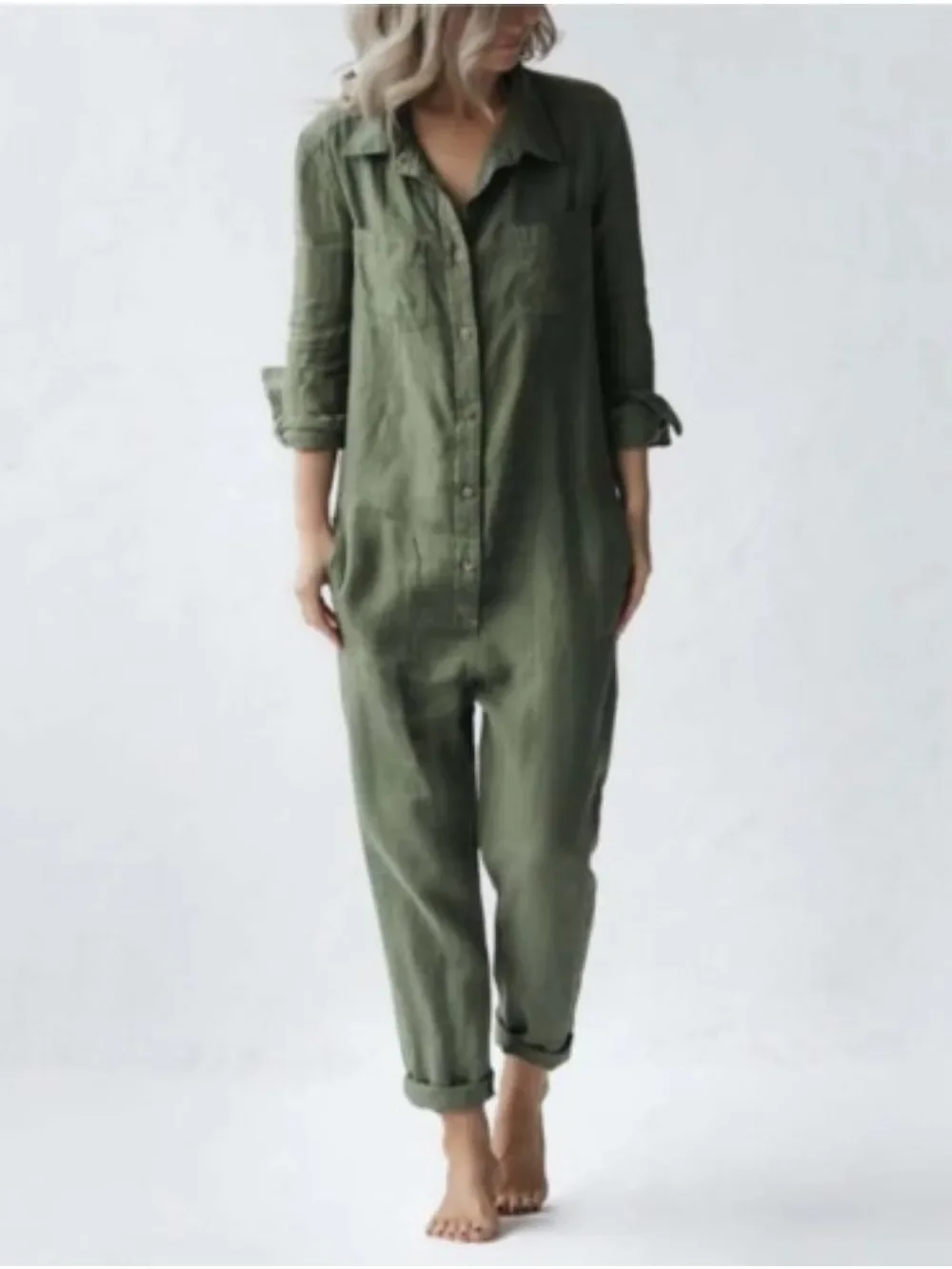 

Cotton Jumpsuit Sexy Vintage Romper Long Pants Women Slim Bodycon Jumpsuits Long Sleeve Army Green Solid Casual Cargo Pants