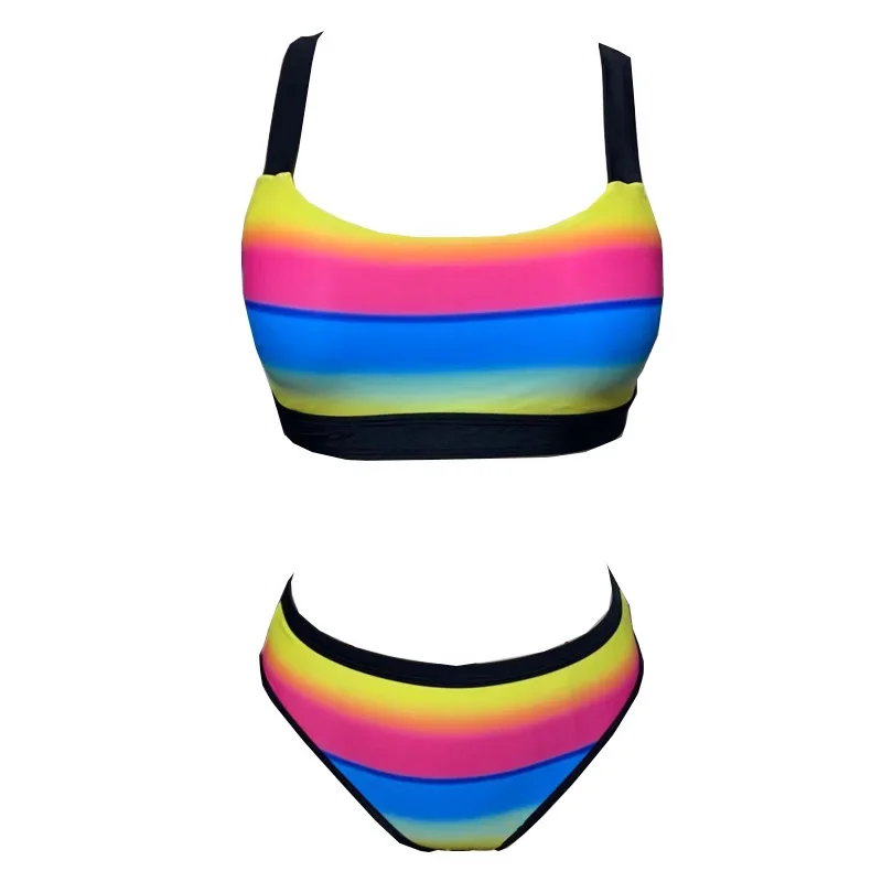 Maillot de bain sexy à rayures arc-en-ciel pour femmes, bikini push-up, vêtements de plage