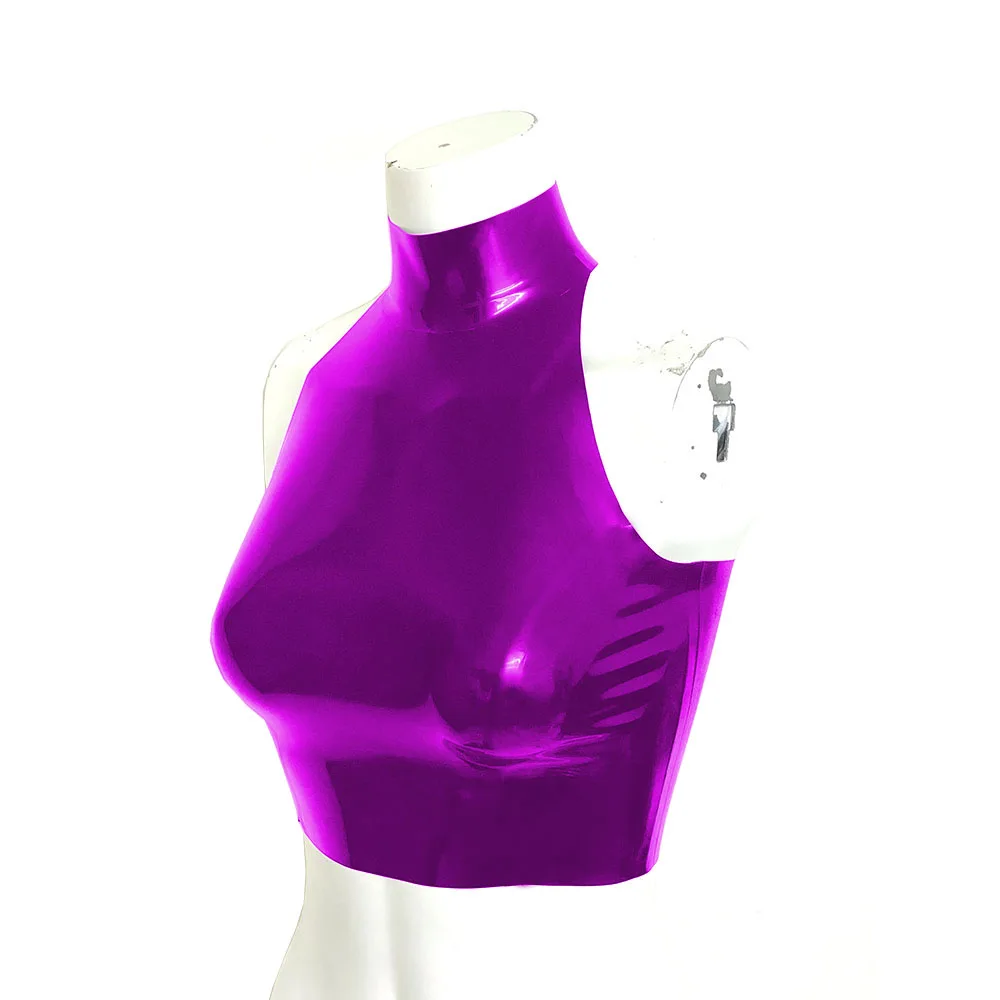 Top corto con cuello halter de PVC Wet Look para mujer, chaleco sexy sin espalda, piel sintética brillante, traje de baile en barra, camisola sin mangas