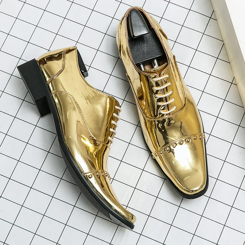 Male Fashion Dress Derby Shoes Gold Men Rhinestone Formal Wedding Shoes Groom Evening Oxfords Big Size Chelsea Shoes