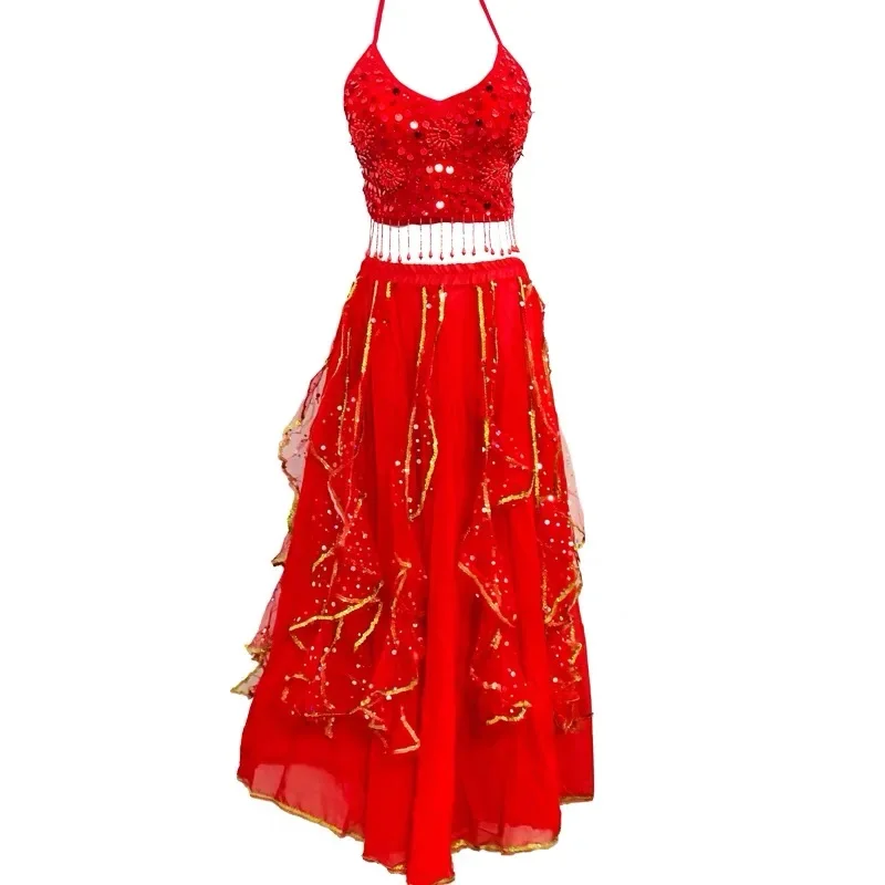 Glanzende buikdansset voor volwassenen, Oosterse Indiase dans voor dames, Arabische prinsessenkostuumset, oefenjurkset met pailletten voor dames