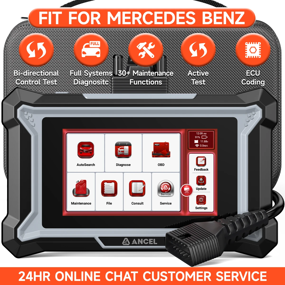 ANCEL DS160 For Mercedes Benz OBD2 Scanner Auto Active Test ECU Injector Coding DPF 30 Reset Full System Car Diagnostic Tool