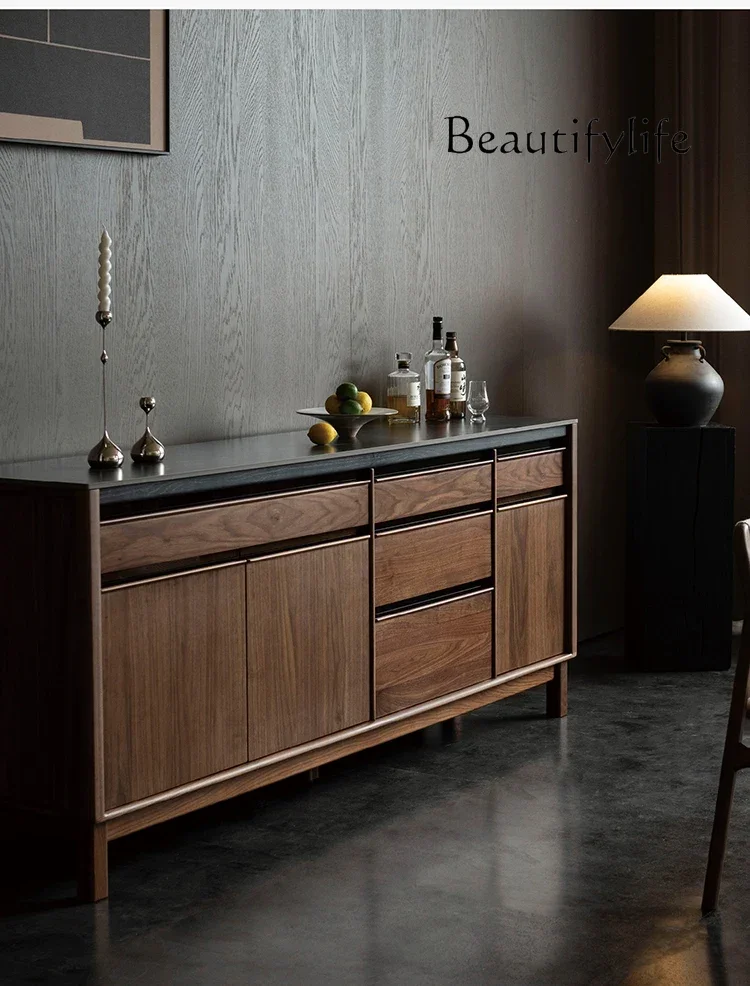 Black walnut all-solid wood dining side cabinet, integrated rock slab against the wall,  Japanese storage and tea cabinet