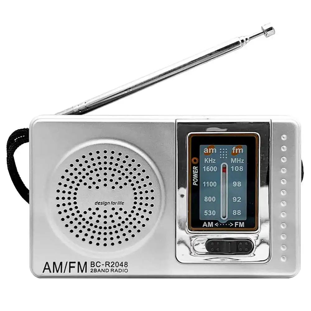 Portable Pocket Radio BC-R2048 Silver Dual Band FM AM with 3.5mm Mini Jack Socket Loud Speak for Home Garden Kitchen