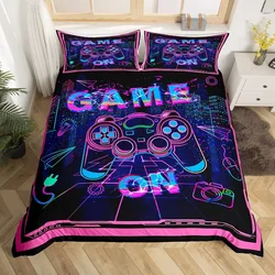 Gaming Bedding Set Hippie Graffiti Game Duvet Cover Set King Gamer Neon Purple Pink Quilt Cover Modern Gamepad Bedspread Cover