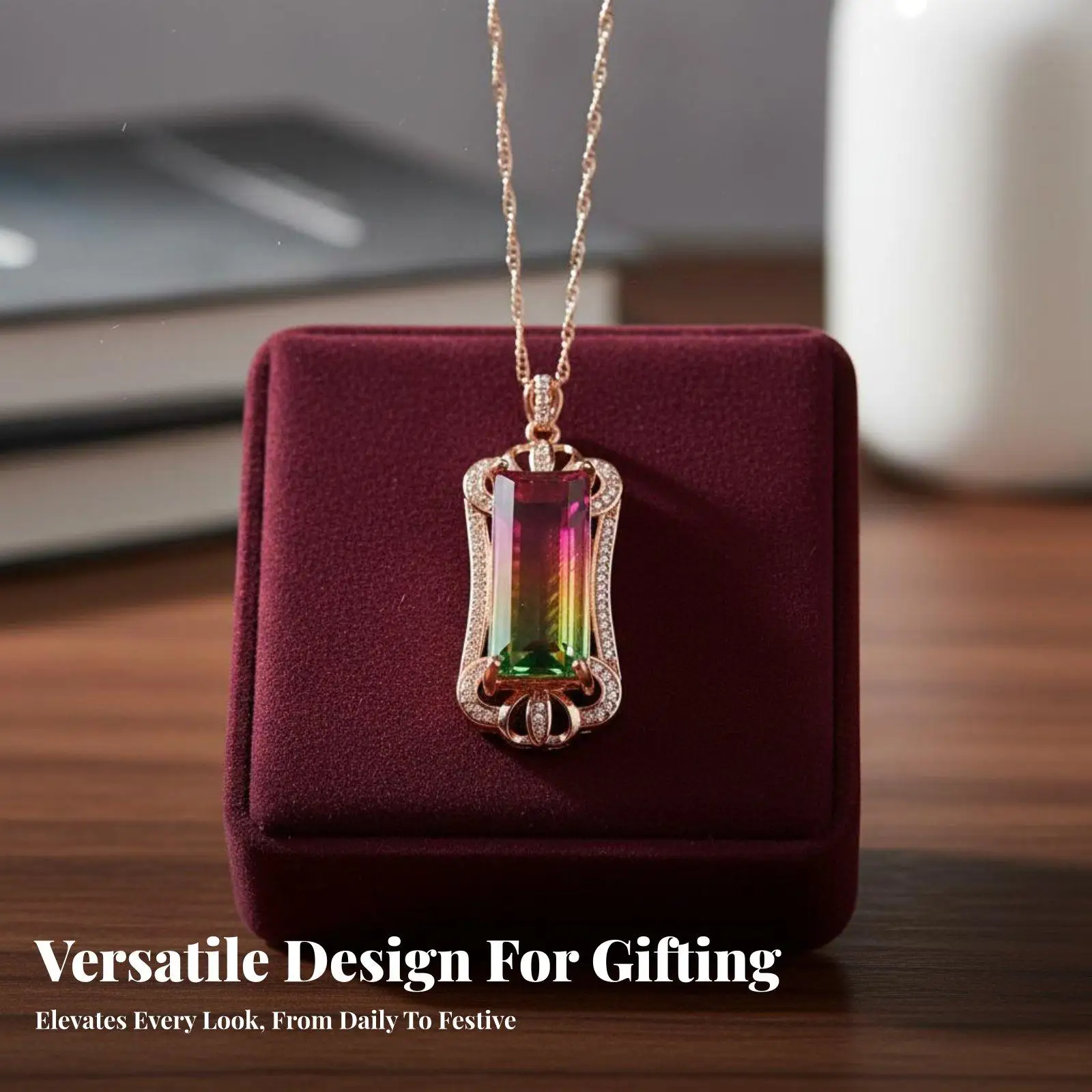 Rose Gold Color Watermelon Tourmaline Pendant Necklace for Women Sparkling Micro Pave Stone Jewelry Birthday Gift