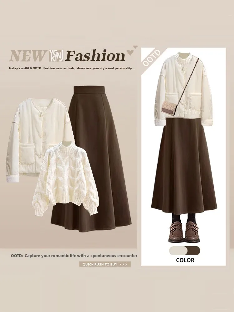 Warm Cotton Jaet Outerwear Mid-Length Skirt Women's Winter Slimming Tee-Piece Set High Waist Pure Color Long Sve round...