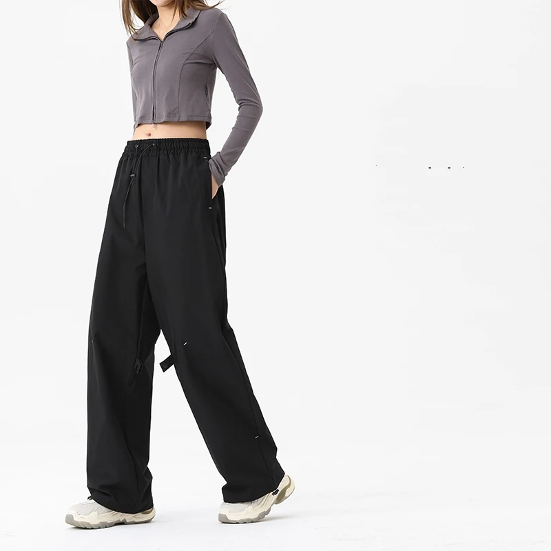 Spring Autumn Women's Clothing Solid Color Pockets Drawstring Elastic High Waisted Casual Loose Straight Trousers Commuter Pants