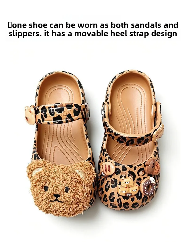 2026 Sommer-Trend Leoparden-Clogs für Mädchen, Weiche EVA-Schuhe mit Bären-Deko, Ballerinas, Mädchen-Strand-Mary-Jane-Sandalen, Hausschuhe – Detail 10