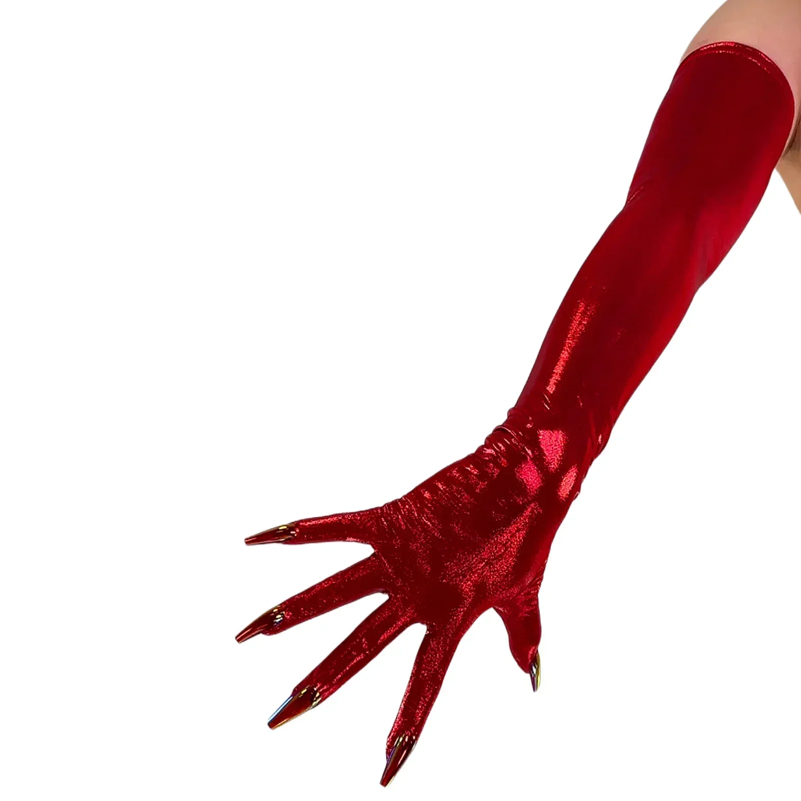 

Перчатки DooWay Metallic Red NAIL GLOVES TECH, ультратонкие, 70 см, длинные, эластичные, с эффектом жидкого блеска, для Хэллоуина, костюмированных вечеринок, косплея, с накладными ногтями