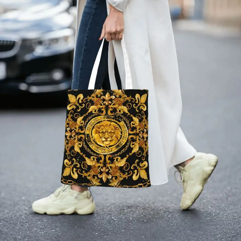 Custom Reusable Golden Lion And Damask Ornament Shopping Bag Shoulder Canvas Tote Bag Durable Baroque Groceries Shopper Bags