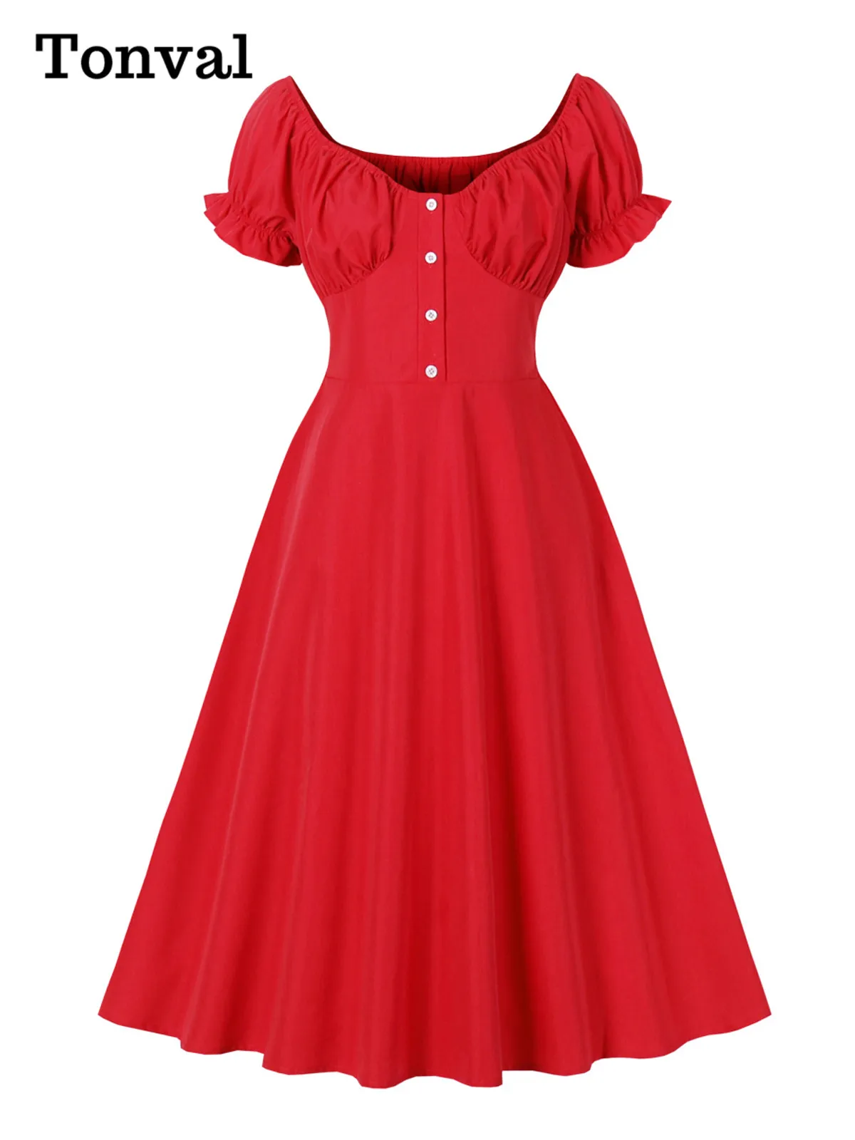 

Tonval Sweetheart Neck High Waist Red Vintage Long Dresses 2025 Women Buttons Front Elastic Waist Solid Elegant Party Dress