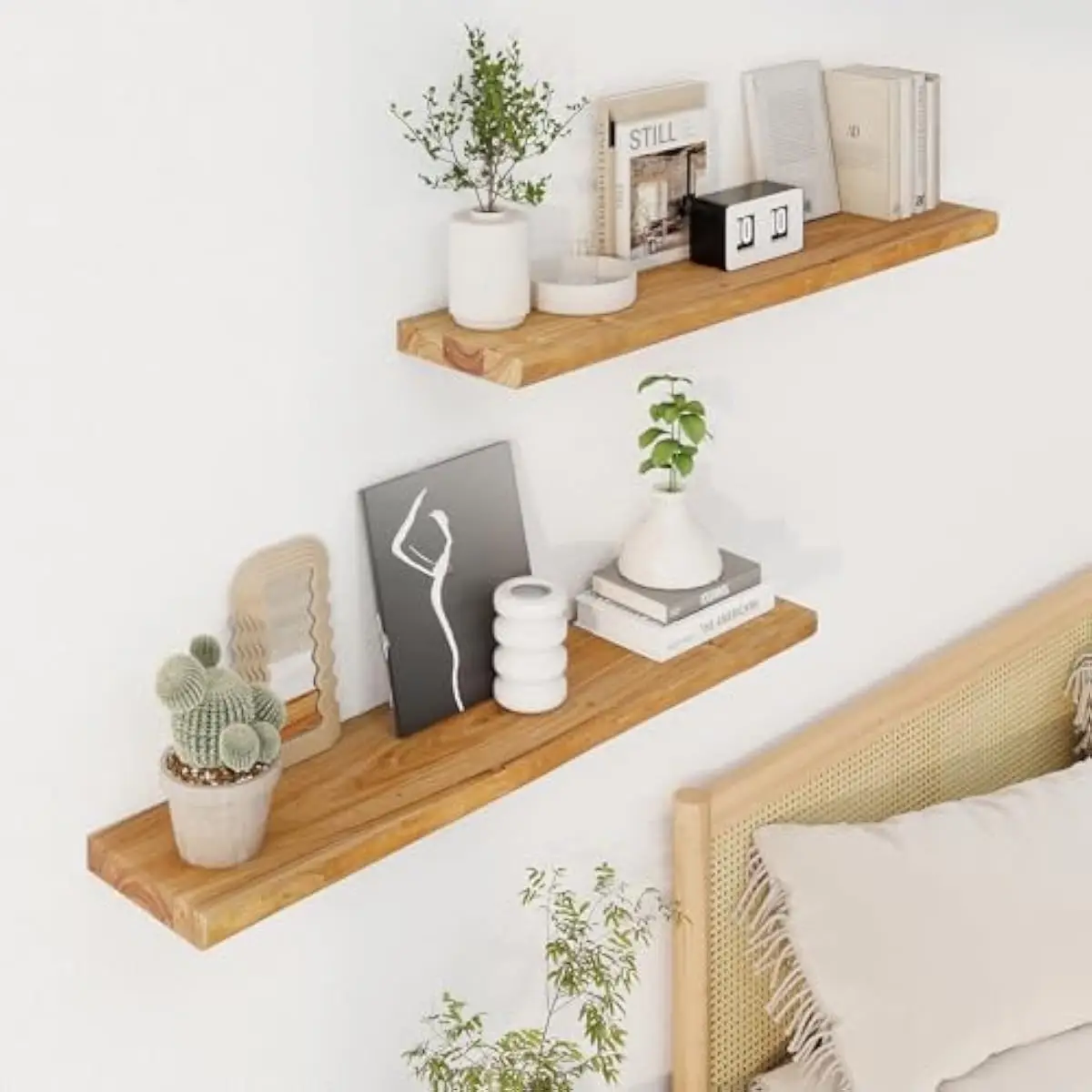 36 inch rustic floating shelves made from FSC certified reclaimed elm wood with authentic live edge detail, 8 inch depth, rectan