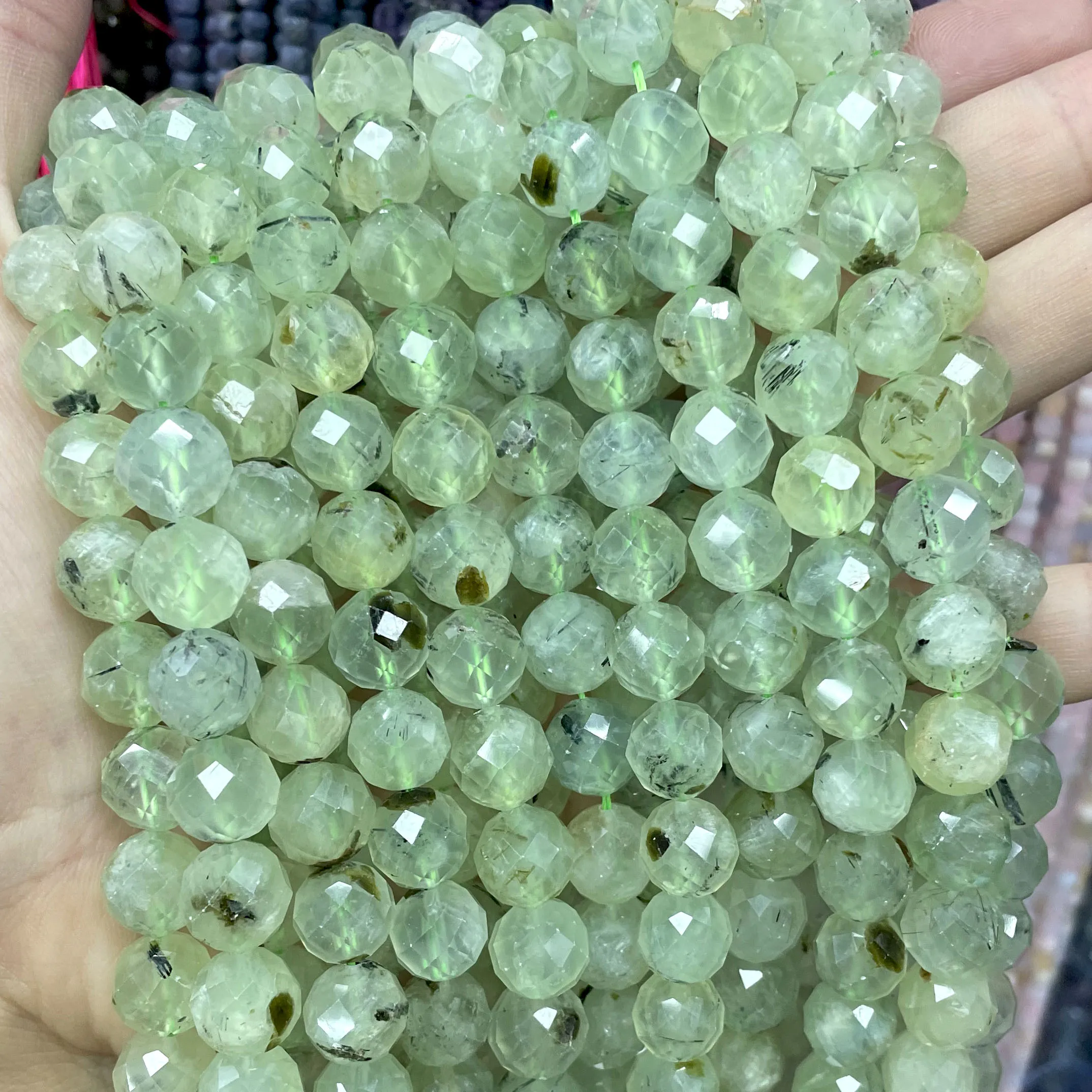 6 8 10MM Natural Stone Faceted Green Prehnite Loose Spacer Beads For Jewelry Making DIY Bracelet Necklace Accessories 7.5 Inches